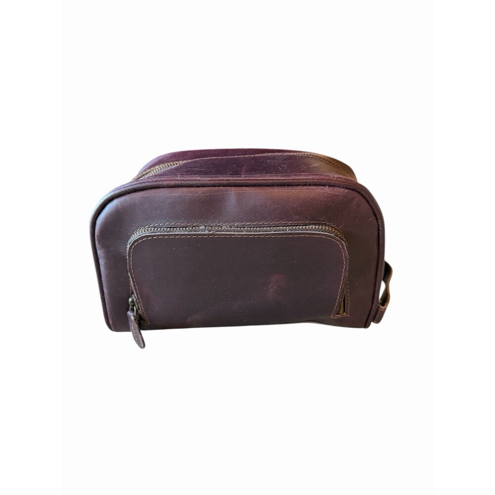 New Brown Leather Men's Toiletry Shaving Bag Metal Zippers Distressed Retro